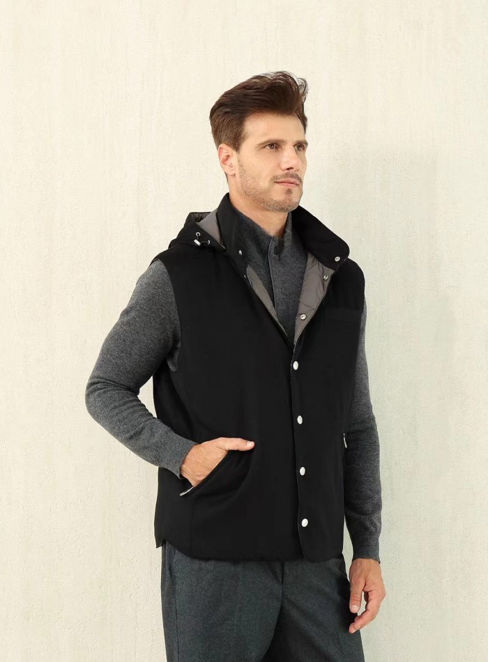 NIGO Brunello Cucinelli Men's Spring/Autumn Detachable Hooded Solid Color Single-Breasted Bonded Wool Flannel Down Vest Ngvp #nigo2293
