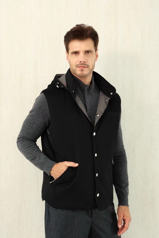NIGO Brunello Cucinelli Men's Spring/Autumn Detachable Hooded Solid Color Single-Breasted Bonded Wool Flannel Down Vest Ngvp #nigo2293