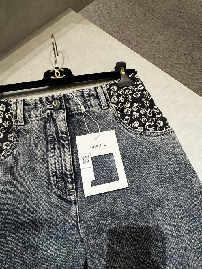 NIGO Chanel Women's Spring/Fall Fashion Classic Print Washed Zipper Button Camellia Denim Pants #nigo78886