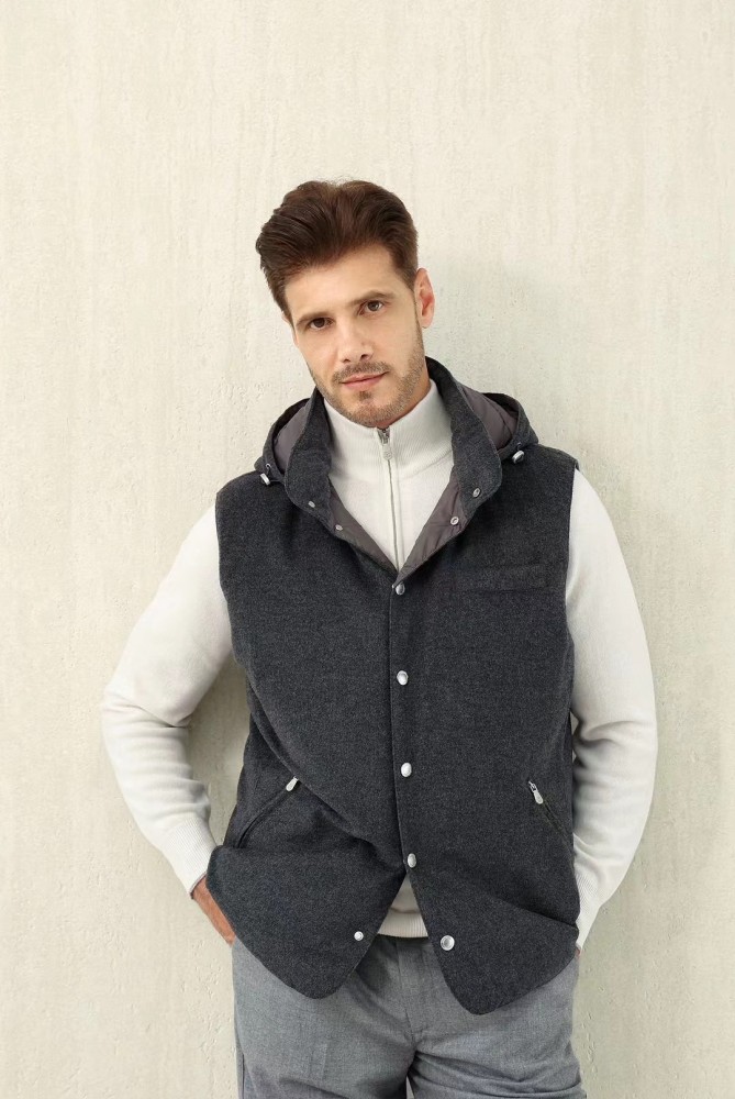 NIGO Brunello Cucinelli Men's Spring/Autumn Detachable Hooded Solid Color Single-Breasted Bonded Wool Flannel Down Vest Ngvp #nigo2293