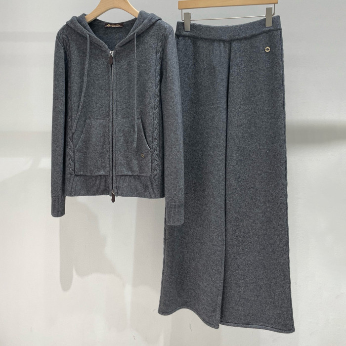 NIGO Loro Piana Women's Spring/Fall Vintage Cashmere Zipper Drawstring Solid-Color Knit Hooded Jacket & Casual Pants Suit Set Ngvp #nigo2511