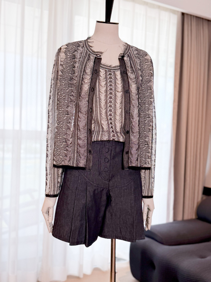 NIGO Dior Women's Spring/Summer/Fall Striped Embroidered Lace Hollow-Out Solid-Color Single-Breasted Round-Neck Knit Cardigan Ngvp #nigo2398