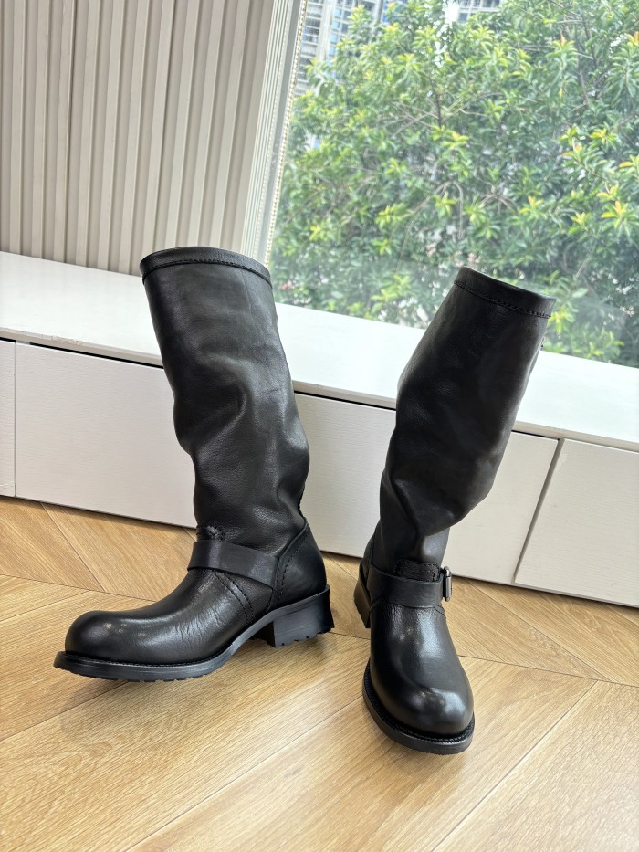 NIGO Prada Women's Fall/Winter Fashion Classic Solid Color Leather Round Toe Slip On Chelsea Boots with Creased Details Rider Boots Shoes #nigo78914