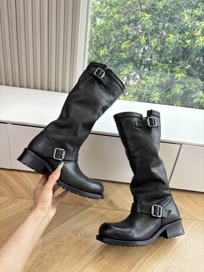 NIGO Prada Women's Fall/Winter Fashion Classic Solid Color Leather Round Toe Slip On Chelsea Boots with Creased Details Rider Boots Shoes #nigo78914