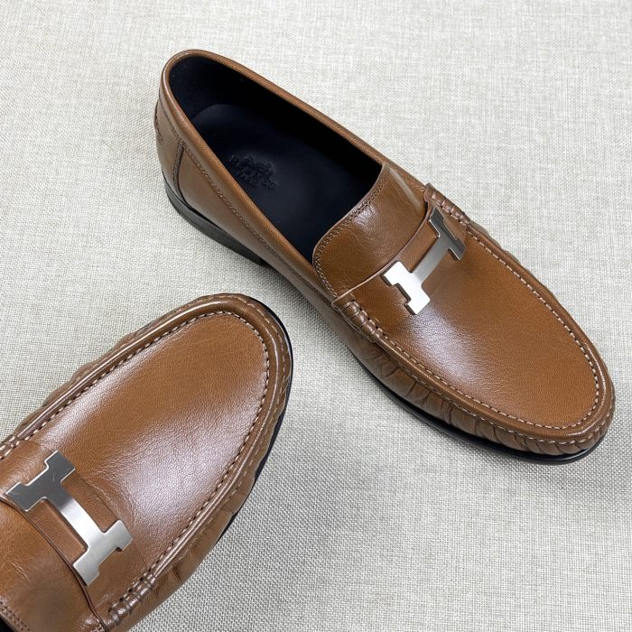NIGO Hermes Men's Fall/Winter Fashion Classic Solid Color Leather Round Toe Slip On Logo Low Top Flat Leather Shoes #nigo78922