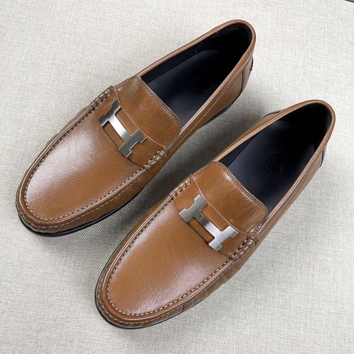 NIGO Hermes Men's Fall/Winter Fashion Classic Solid Color Leather Round Toe Slip On Logo Low Top Flat Leather Shoes #nigo78922
