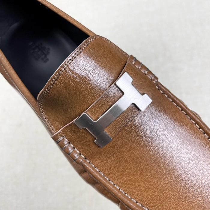 NIGO Hermes Men's Fall/Winter Fashion Classic Solid Color Leather Round Toe Slip On Logo Low Top Flat Leather Shoes #nigo78922