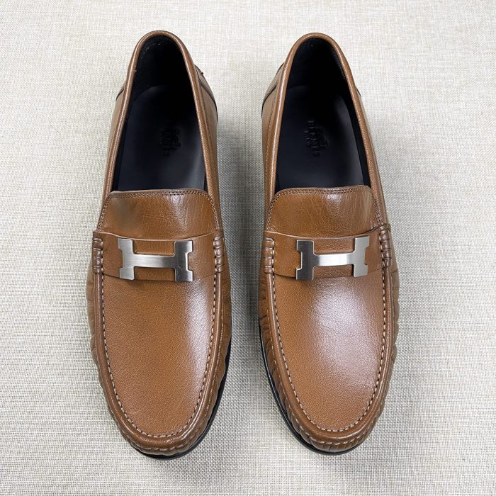 NIGO Hermes Men's Fall/Winter Fashion Classic Solid Color Leather Round Toe Slip On Logo Low Top Flat Leather Shoes #nigo78922