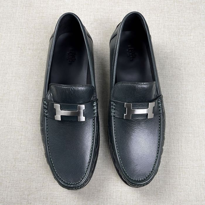 NIGO Hermes Men's Fall/Winter Fashion Classic Solid Color Leather Round Toe Slip On Logo Low Top Flat Leather Shoes #nigo78922