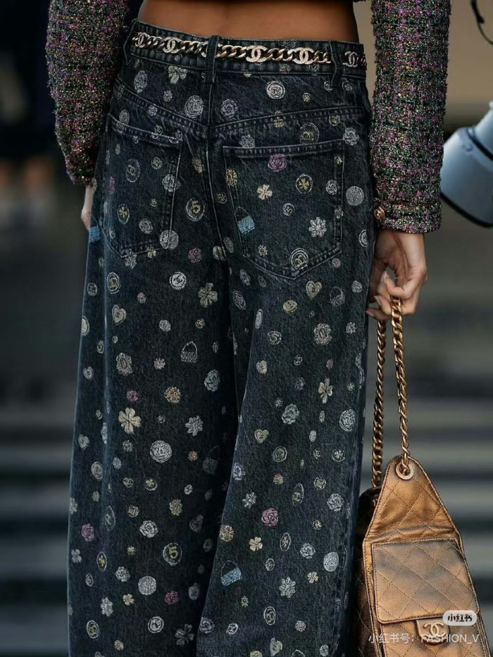 NIGO Chanel Women's Spring/Fall Fashion Casual Patterned Print Straight-Leg Relaxed Fit Jeans Pants #nigo78615