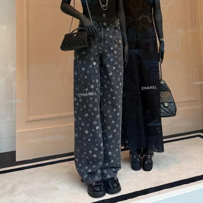 NIGO Chanel Women's Spring/Fall Fashion Casual Patterned Print Straight-Leg Relaxed Fit Jeans Pants #nigo78615