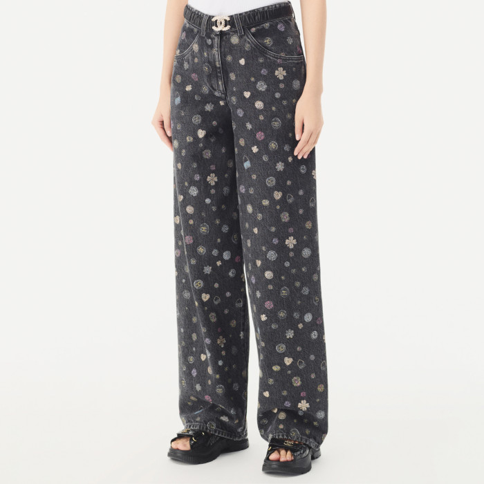 NIGO Chanel Women's Spring/Fall Fashion Casual Patterned Print Straight-Leg Relaxed Fit Jeans Pants #nigo78615