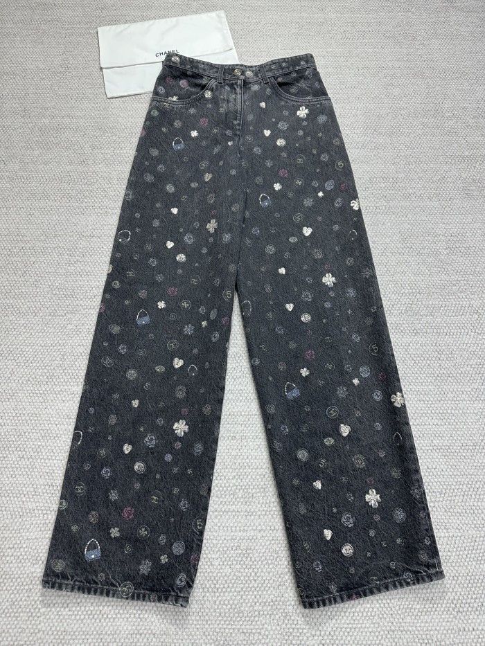 NIGO Chanel Women's Spring/Fall Fashion Casual Patterned Print Straight-Leg Relaxed Fit Jeans Pants #nigo78615