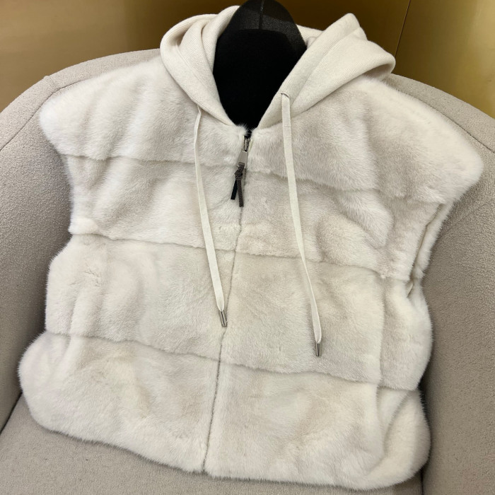 NIGO Brunello Cucinelli Women's Fall/Winter Wool Cashmere Knit Solid Color Zipper Drawstring Full-Length Mink Hooded Vest Ngvp #nigo2518