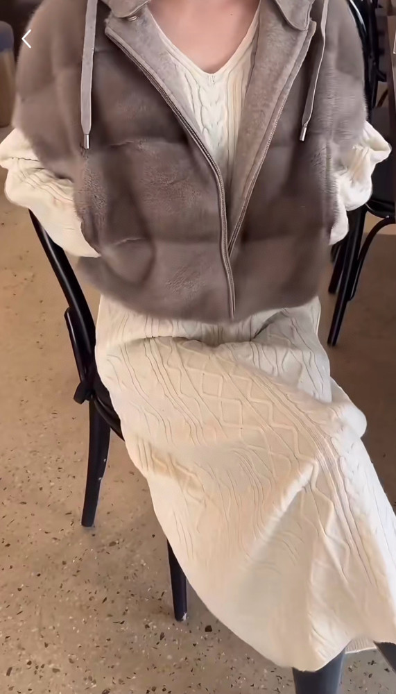 NIGO Brunello Cucinelli Women's Fall/Winter Wool Cashmere Knit Solid Color Zipper Drawstring Full-Length Mink Hooded Vest Ngvp #nigo2518