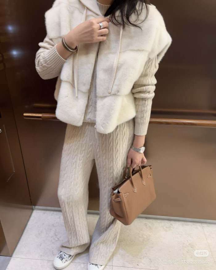 NIGO Brunello Cucinelli Women's Fall/Winter Wool Cashmere Knit Solid Color Zipper Drawstring Full-Length Mink Hooded Vest Ngvp #nigo2518
