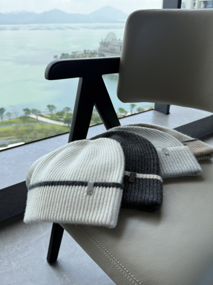 NIGO Brunello Cucinelli Women's Fall/Winter Striped Solid Color Cashmere English Rib Knit Beanie With Monili Casual Hat Cap Ngvp #nigo2524