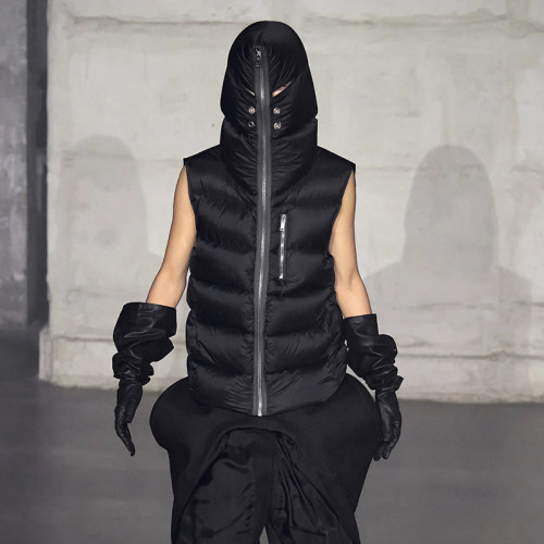 NIGO Rick Owens Men's Fall/Winter Dark Style Casual Solid-Color Full-Zip Hooded Quilted Down Vest Ngvp #nigo2521