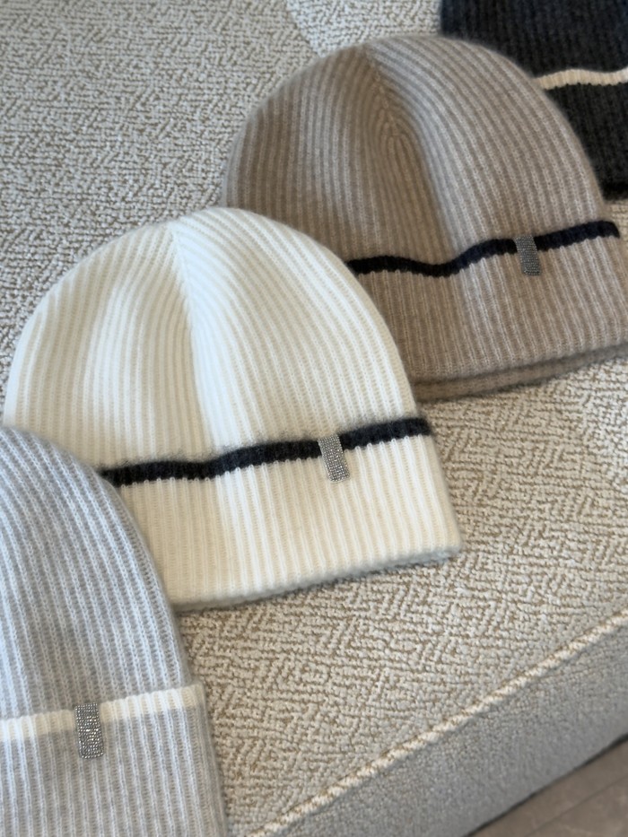 NIGO Brunello Cucinelli Women's Fall/Winter Striped Solid Color Cashmere English Rib Knit Beanie With Monili Casual Hat Cap Ngvp #nigo2524