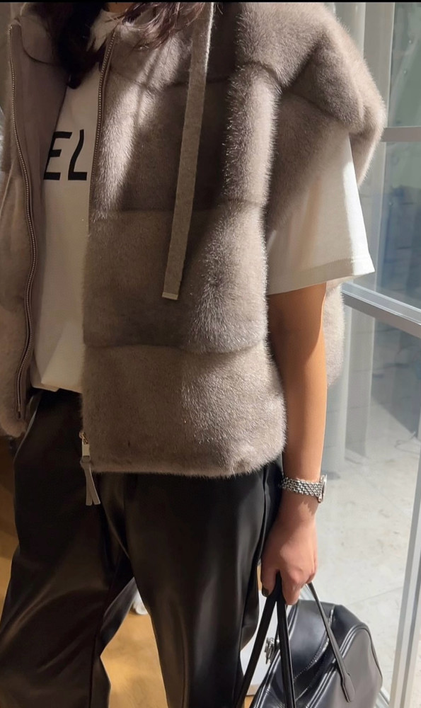 NIGO Brunello Cucinelli Women's Fall/Winter Wool Cashmere Knit Solid Color Zipper Drawstring Full-Length Mink Hooded Vest Ngvp #nigo2518