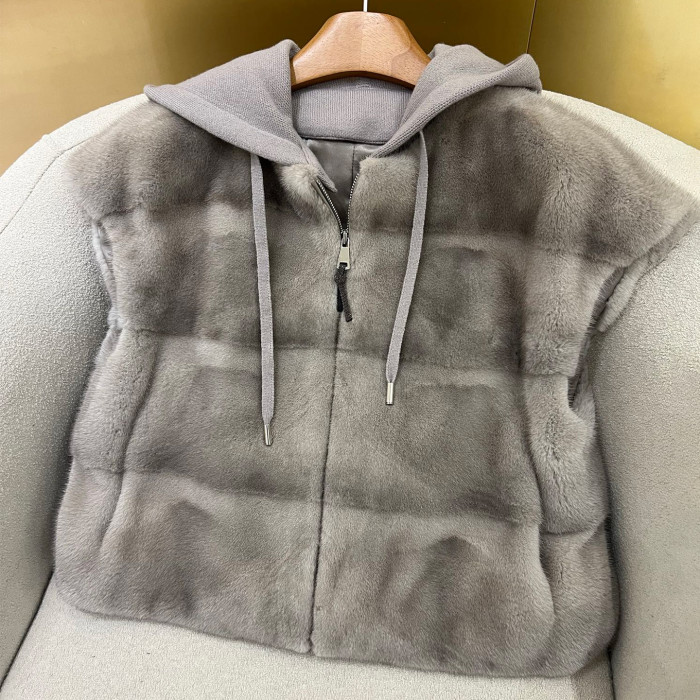 NIGO Brunello Cucinelli Women's Fall/Winter Wool Cashmere Knit Solid Color Zipper Drawstring Full-Length Mink Hooded Vest Ngvp #nigo2518