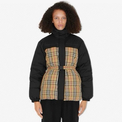 NIGO Burberry Women's Winter Fashion Casual Color Blocked High Neck Zipper Reversible Checkered Waist-Defining Down Jacket #nigo78983