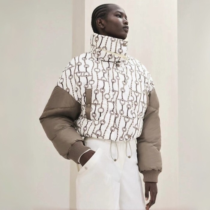 NIGO Hermes Women's Winter Fashion Casual Reversible Patterned Print Short Length High Neck Zipper White Goose Down Filled Short Jacket Down Jacket #nigo78981