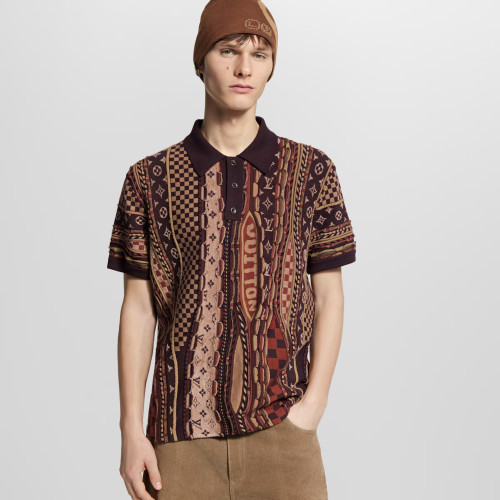 NIGO Louis Vuitton Men's Summer Logo Jacquard Knit Cotton-Blend Vintage Twist-Knit Short-Sleeve Polo Shirt #nigo81582
