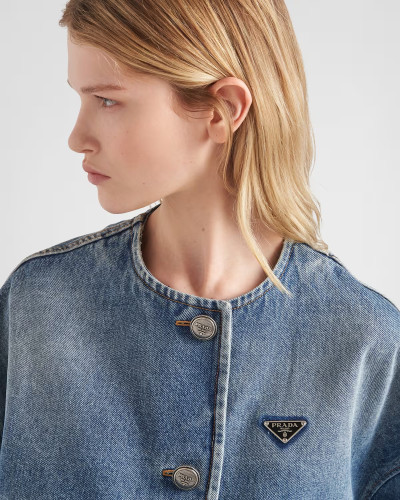 NIGO Prada Women's Spring/Summer/Fall Triangle Logo Waistband Denim Solid Color Single-Breasted Short Cotton Denim Blouson Jacket #nigo81583