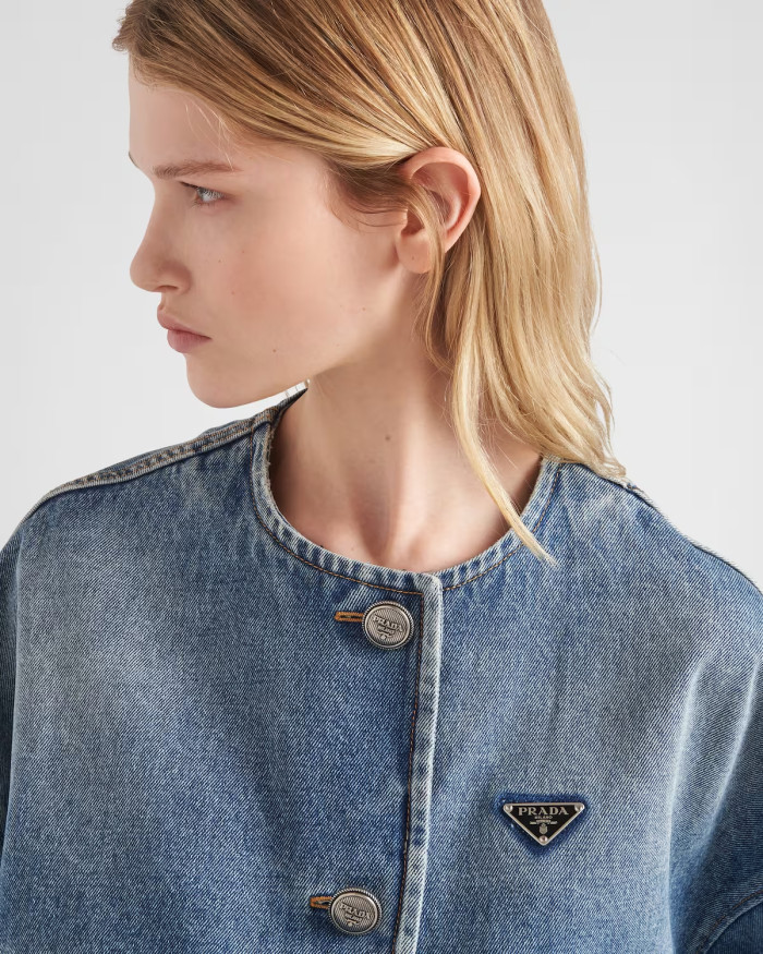 NIGO Prada Women's Spring/Summer/Fall Triangle Logo Waistband Denim Solid Color Single-Breasted Short Cotton Denim Blouson Jacket #nigo81583