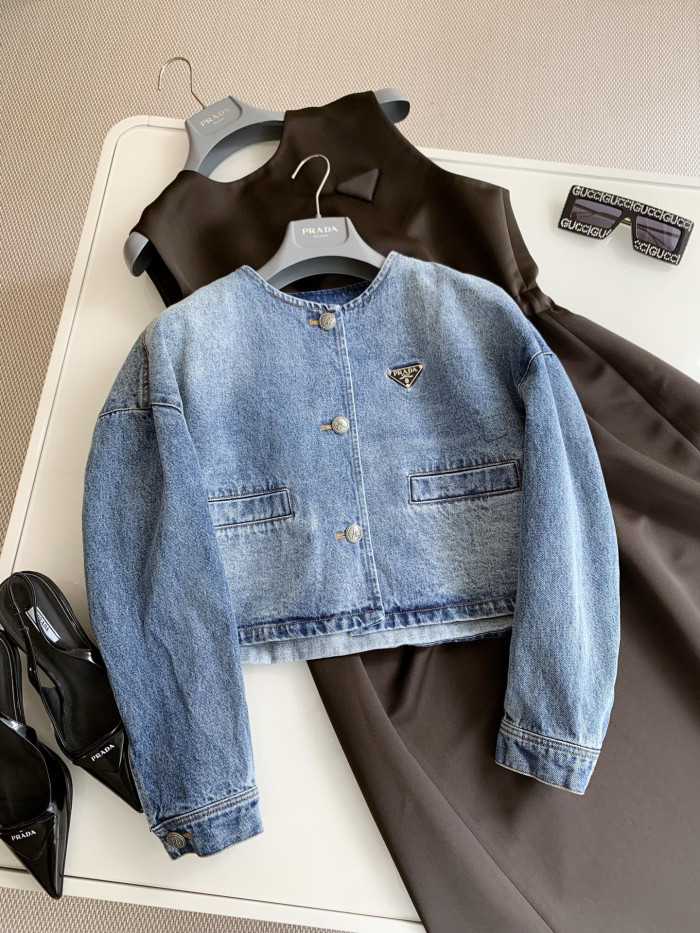 NIGO Prada Women's Spring/Summer/Fall Triangle Logo Waistband Denim Solid Color Single-Breasted Short Cotton Denim Blouson Jacket #nigo81583