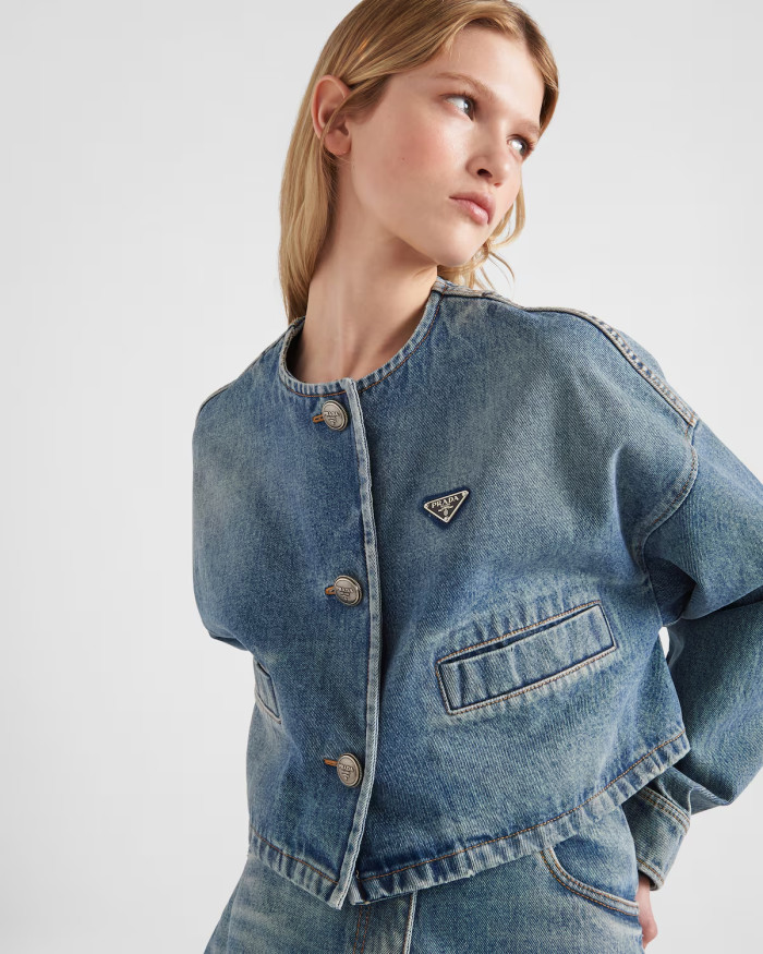NIGO Prada Women's Spring/Summer/Fall Triangle Logo Waistband Denim Solid Color Single-Breasted Short Cotton Denim Blouson Jacket #nigo81583