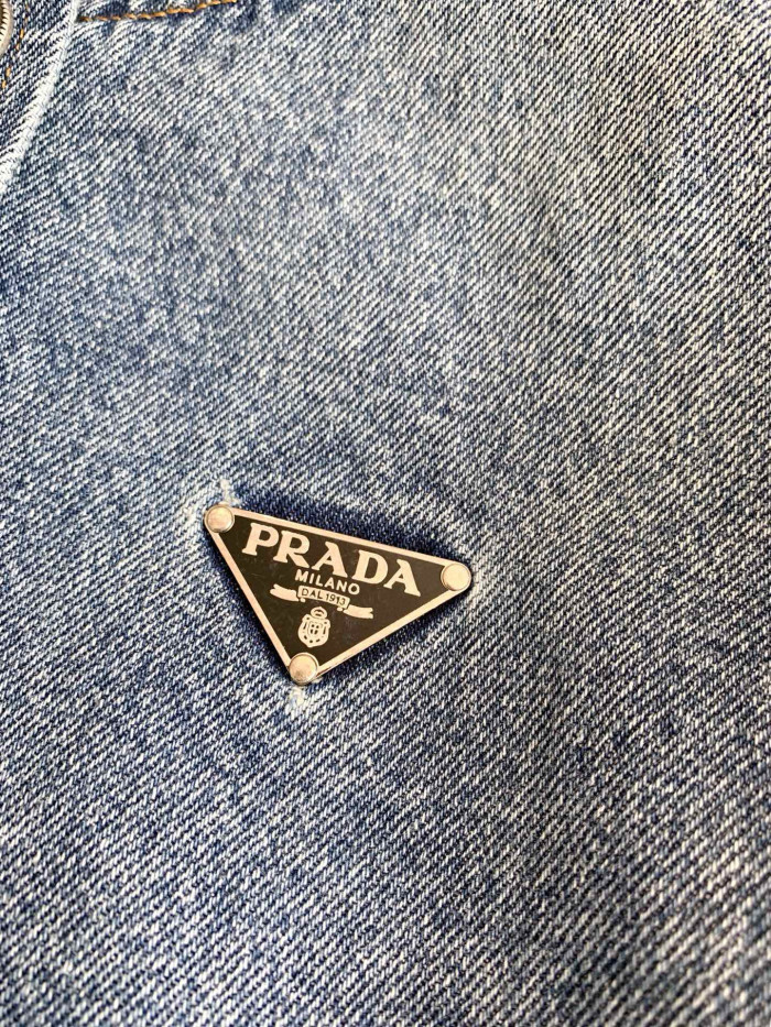 NIGO Prada Women's Spring/Summer/Fall Triangle Logo Waistband Denim Solid Color Single-Breasted Short Cotton Denim Blouson Jacket #nigo81583