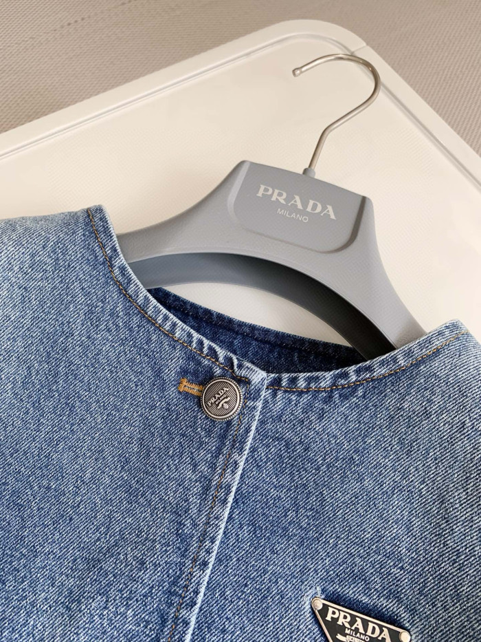 NIGO Prada Women's Spring/Summer/Fall Triangle Logo Waistband Denim Solid Color Single-Breasted Short Cotton Denim Blouson Jacket #nigo81583