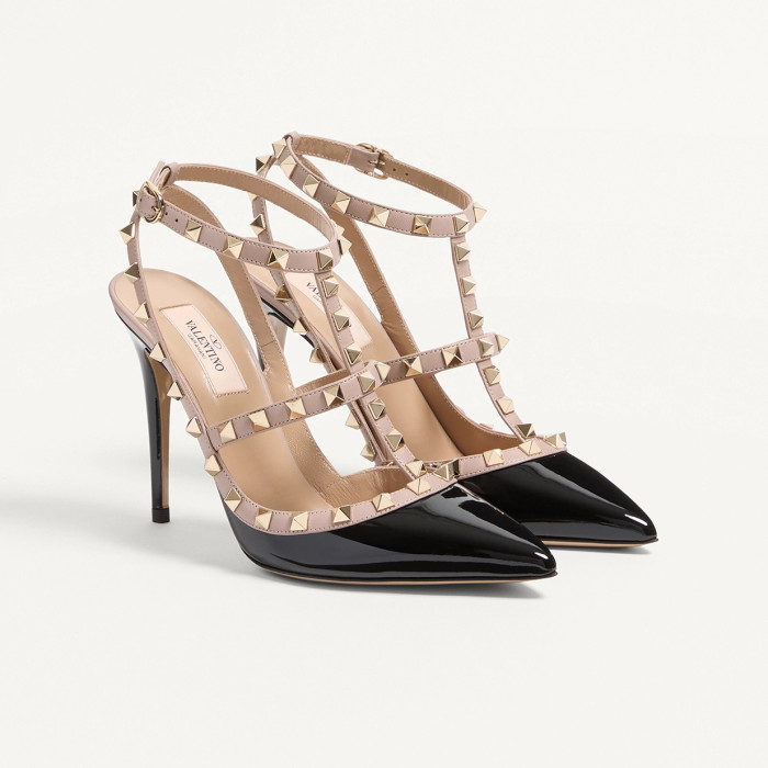 NIGO Valentino ROCKSTUD Women's Summer Classic Pointed-Toe Open-Back Stiletto Patent Leather Lace Up Studded Double-Strap High Heels #nigo78999