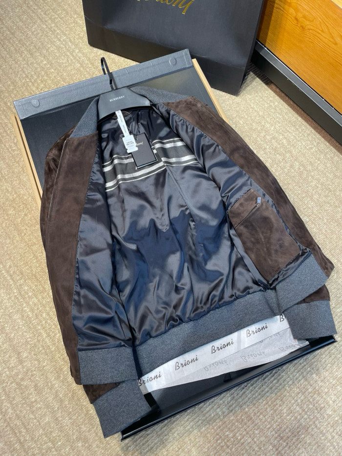 NIGO Brioni Men's Fall/Winter Fashion Casual Crew Neck Zipper Color Blocked Suede Jacket #nigo79134
