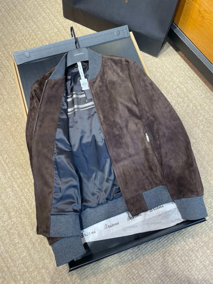 NIGO Brioni Men's Fall/Winter Fashion Casual Crew Neck Zipper Color Blocked Suede Jacket #nigo79134