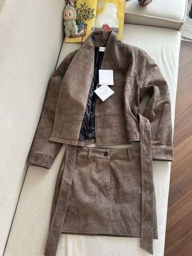 NIGO The Row Women's Fall/Winter Vintage Solid-Color Stand-Up Collar Leather Belted Lace-Up Jacket Coat Skirt Suit Set Ngvp #nigo2538