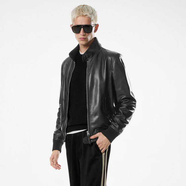 NIGO Tom Ford Men's Fall/Winter Fashion Classic Solid Color Leather High Neck Zipper Long Sleeve Leather Jacket #nigo79141