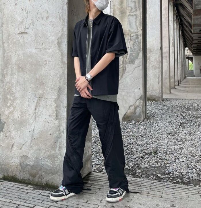 NIGO Raf Simons Men's Spring/Fall Solid-Color Layered Zipper Loose-Fit High-Street Casual Nylon Pants Straight-Leg Trousers Ngvp #nigo2539