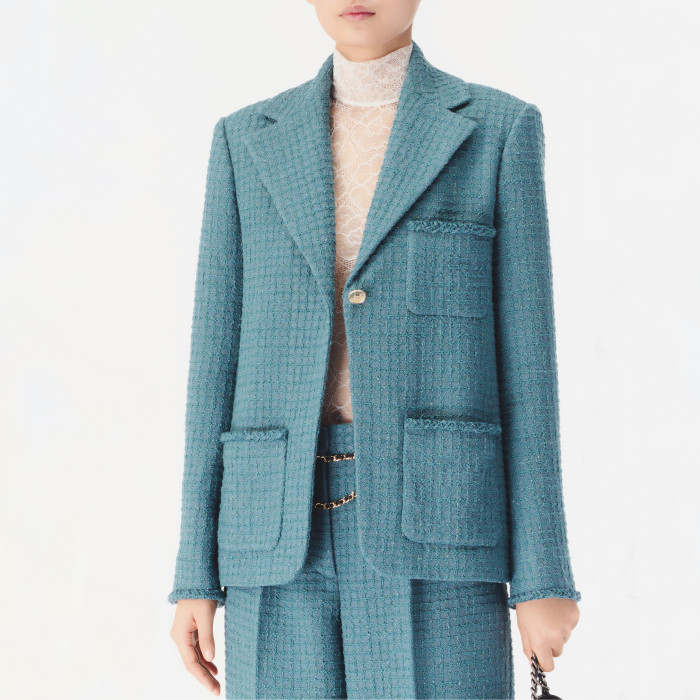 NIGO Chanel Women's Spring/Fall Fashion Classic V-Neck Single Button Check Tweed Fabric Chanel Style Blazer French Vintage Tweed Fabric Pants Suit Set #nigo79155