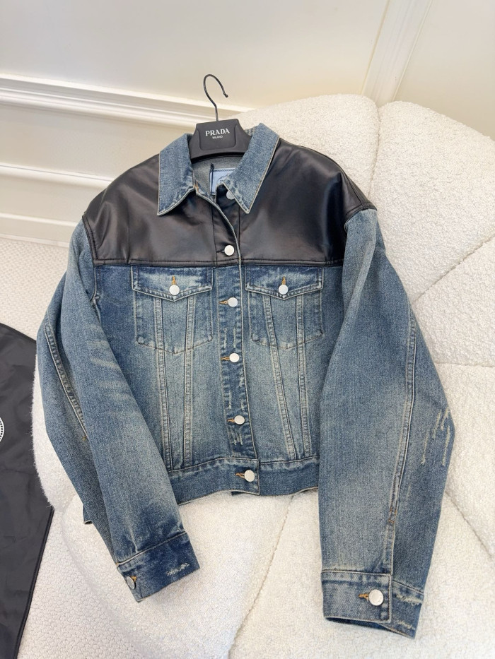 NIGO Prada Women's Spring/Fall Fashion Casual Lapel Single Breasted Patchwork Leather Short Denim Jacket #nigo79162