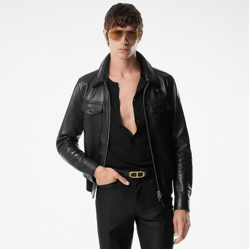 NIGO Tom Ford Men's Fall/Winter Fashion Casual Solid Color Collared Zipper Leather Motorcycle Jacket #nigo79165