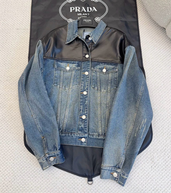 NIGO Prada Women's Spring/Fall Fashion Casual Lapel Single Breasted Patchwork Leather Short Denim Jacket #nigo79162
