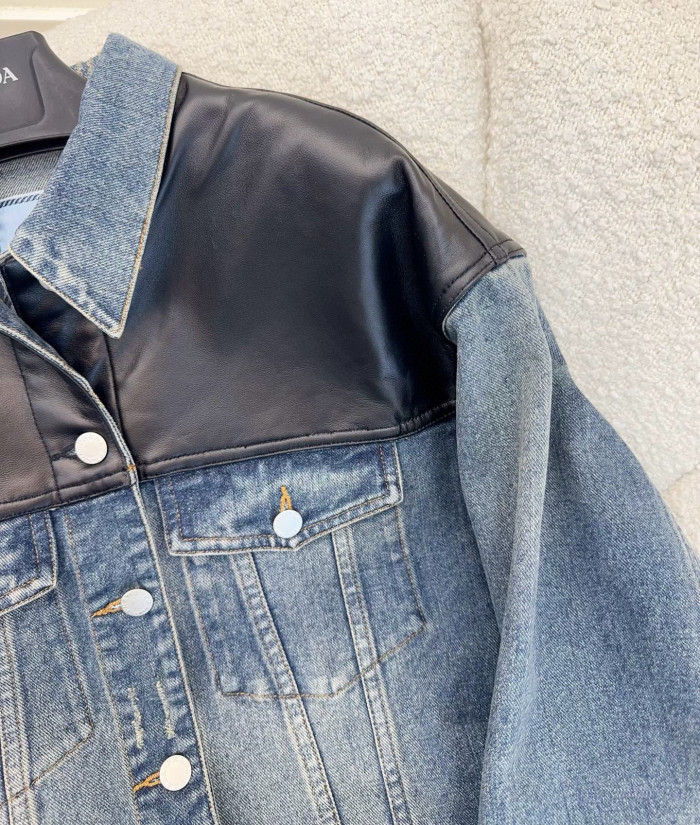 NIGO Prada Women's Spring/Fall Fashion Casual Lapel Single Breasted Patchwork Leather Short Denim Jacket #nigo79162