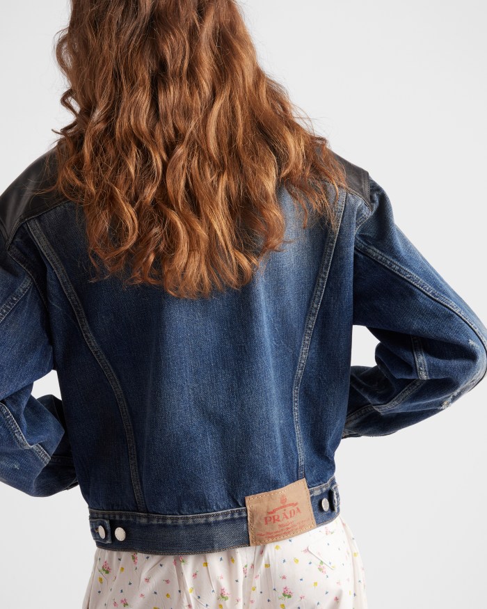 NIGO Prada Women's Spring/Fall Fashion Casual Lapel Single Breasted Patchwork Leather Short Denim Jacket #nigo79162