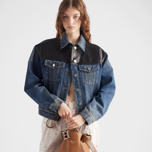 NIGO Prada Women's Spring/Fall Fashion Casual Lapel Single Breasted Patchwork Leather Short Denim Jacket #nigo79162