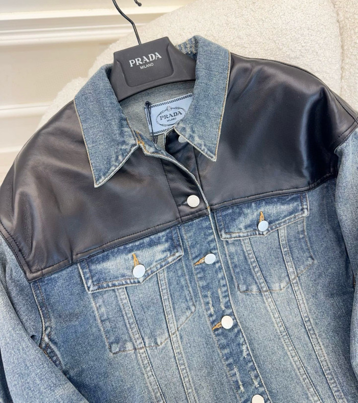 NIGO Prada Women's Spring/Fall Fashion Casual Lapel Single Breasted Patchwork Leather Short Denim Jacket #nigo79162