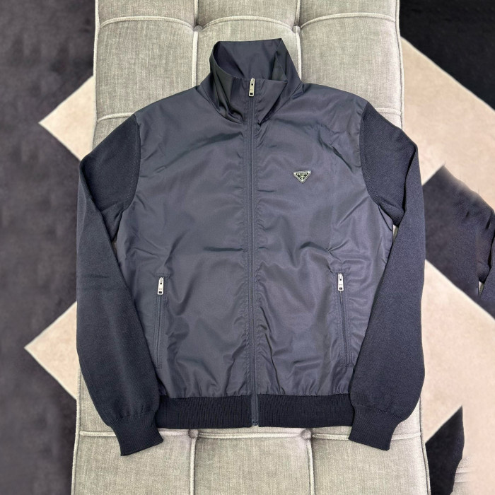 NIGO Prada Men's Spring/Fall Fashion Casual High Neck Zipper Triangle Logo Knit Patchwork Nylon Jacket #nigo79173
