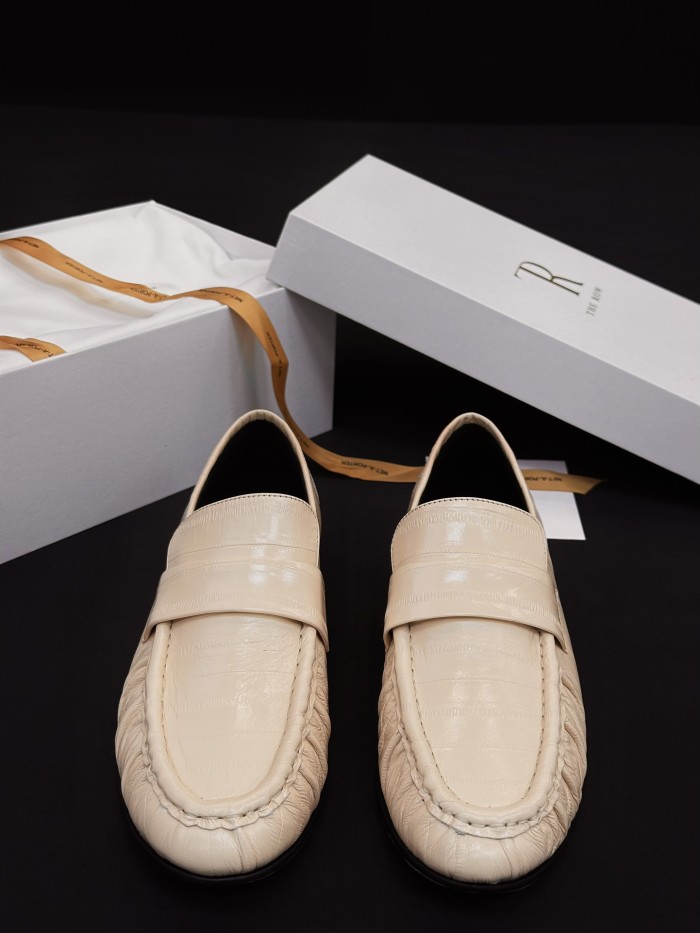 NIGO THE ROW Women's Fashion Classic Round Toe Slip On Loafers With Pleated Leather Embossing Pleated Texture Slip On Loafers Shoes #nigo79179